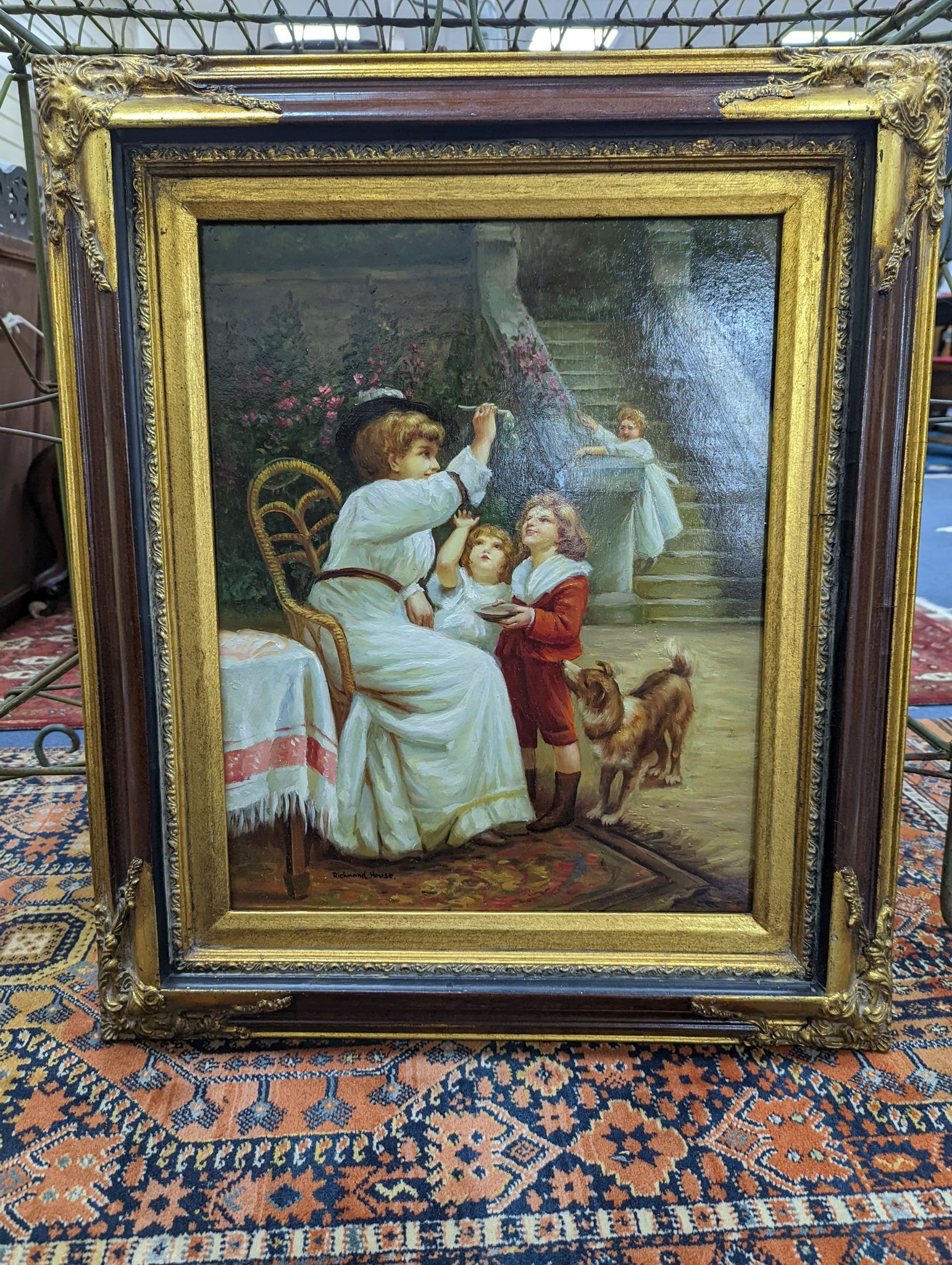 Richmond House, oil on board, Mother and children in a garden, signed, 50 x 40cm